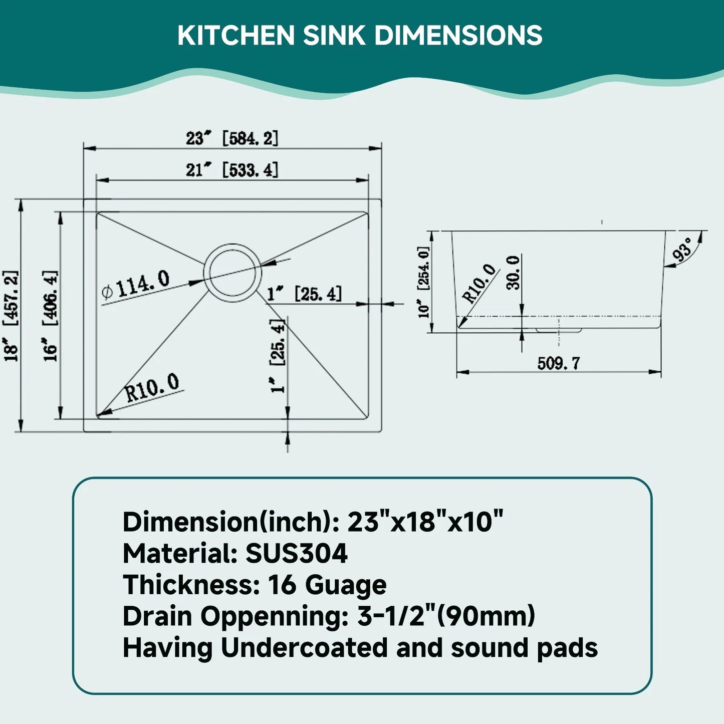 23x18 Undermount Kitchen Sink, Single Stainless Steel Sink, Square Kitchen Sink