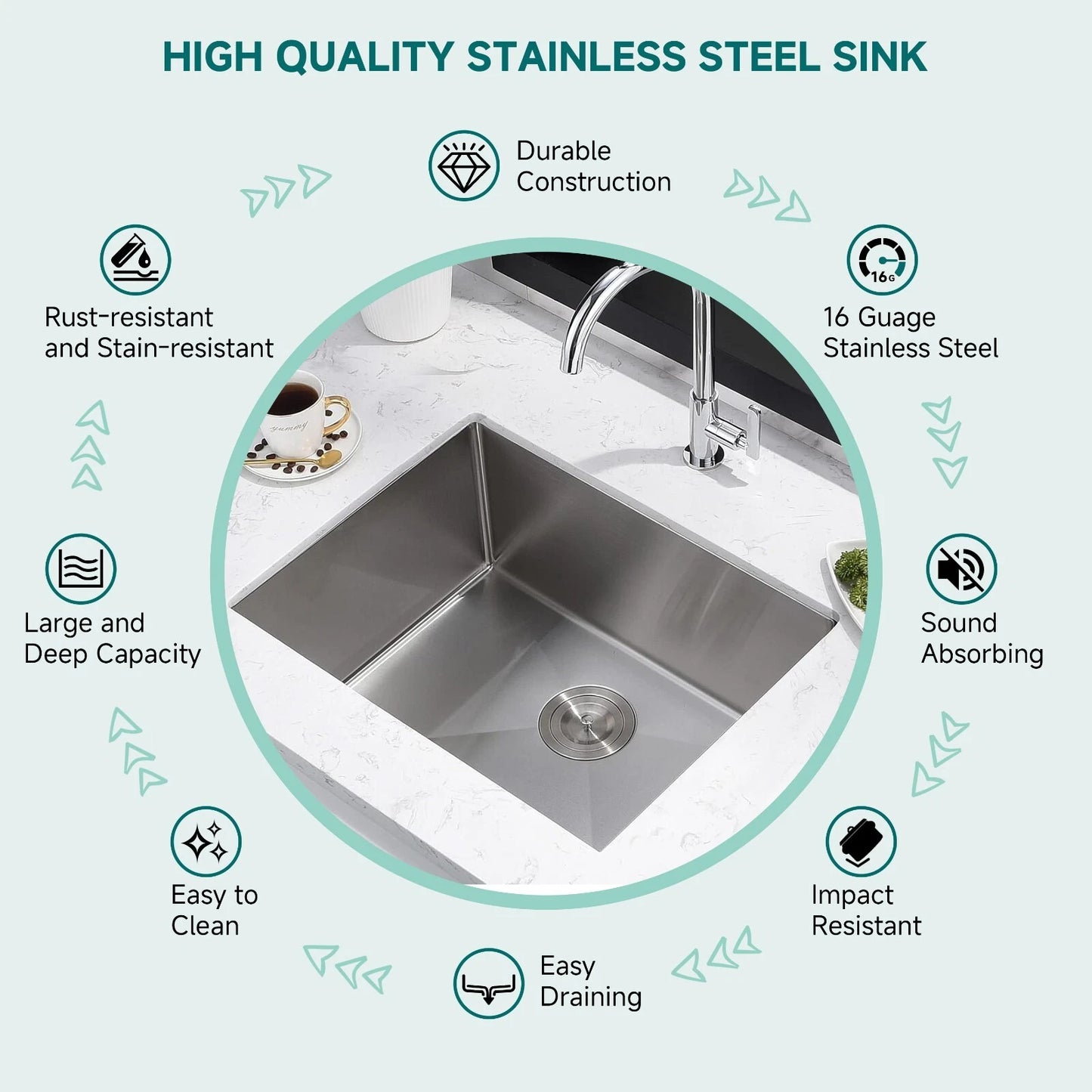23x18 Undermount Kitchen Sink, Single Stainless Steel Sink, Square Kitchen Sink