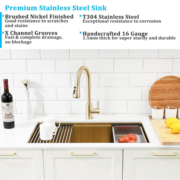 32-inch Undermount Workstation Kitchen Sink Single Bowl (Stainless) (GOLD)