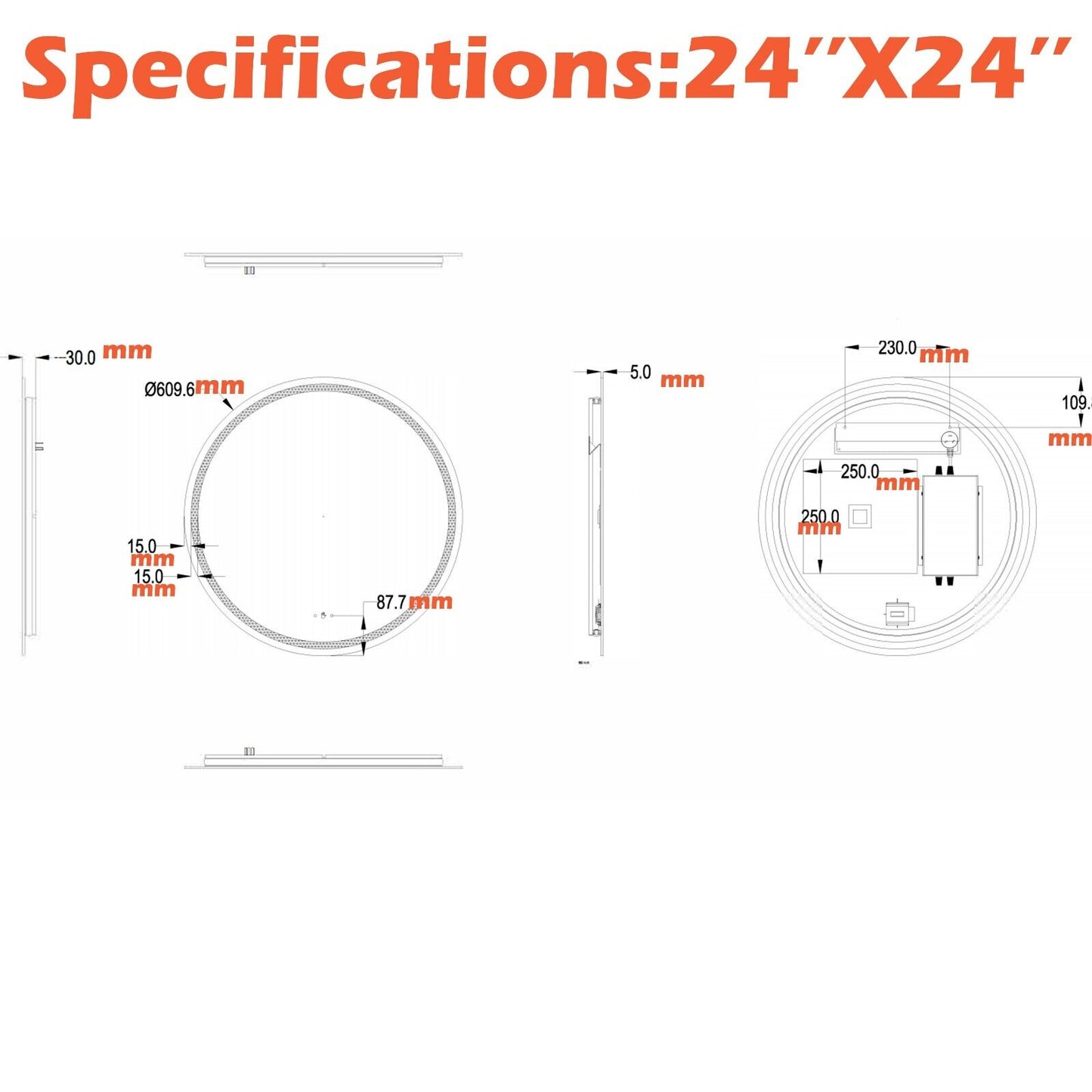 24''/30''/36'' Anti-fog LED Mirror for Bathroom, Round Smart Lighted Mirror