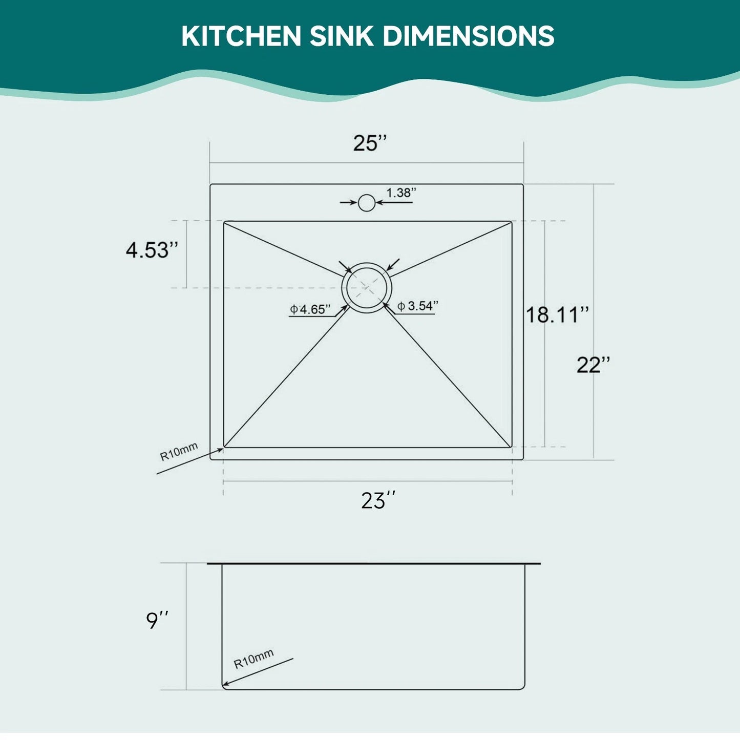 Drop-In Kitchen Sink, 25x22 Topmount Sink Deep Bowl Stainless Steel with One Hole (Handmade)