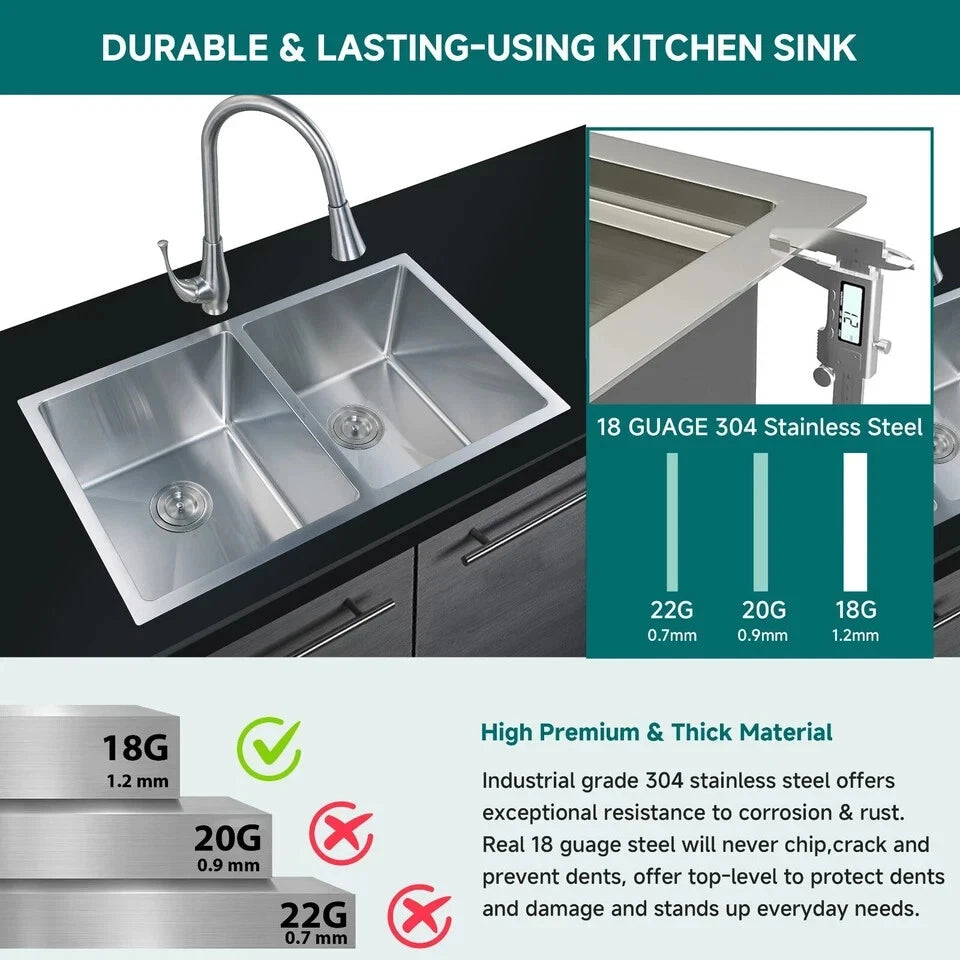 32-Inch Stainless Steel Double Bowl Kitchen Sink – 50/50 Undermount/Top Mount