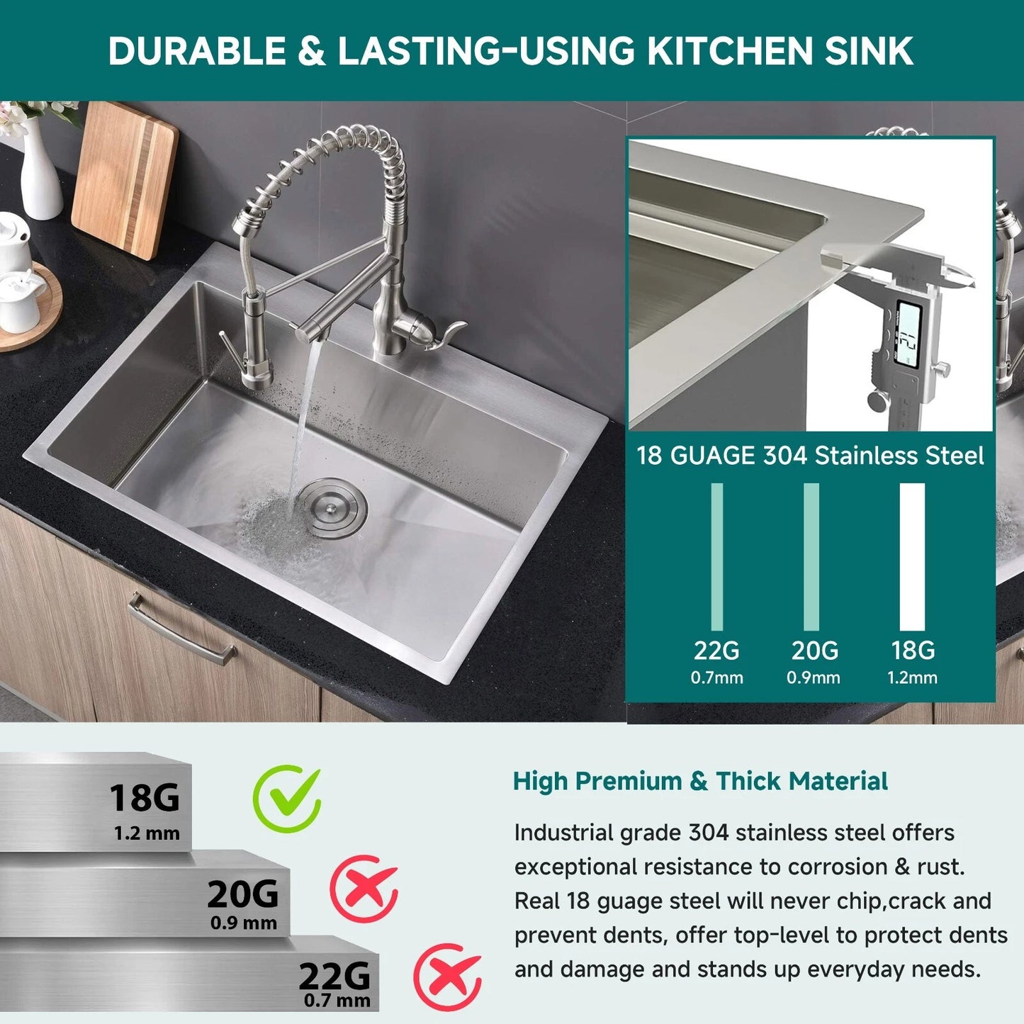 Drop-In Kitchen Sink, 25x22 Topmount Sink Deep Bowl Stainless Steel with One Hole (Handmade)