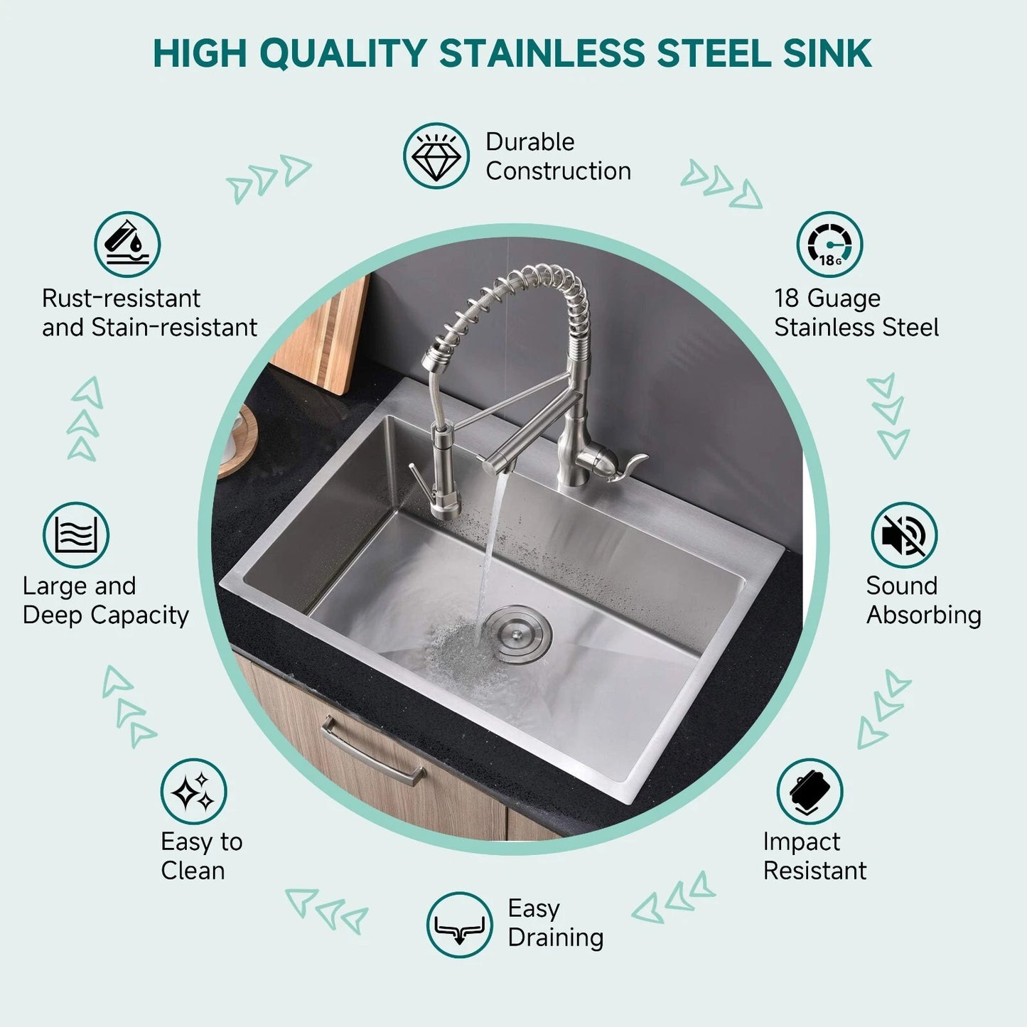 Drop-In Kitchen Sink, 25x22 Topmount Sink Deep Bowl Stainless Steel with One Hole (Handmade)