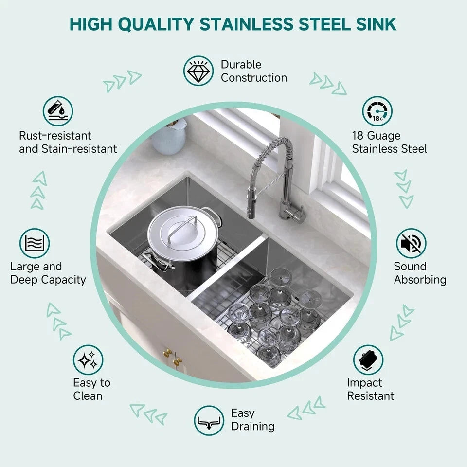 32-Inch Stainless Steel Double Bowl Kitchen Sink – 50/50 Undermount/Top Mount