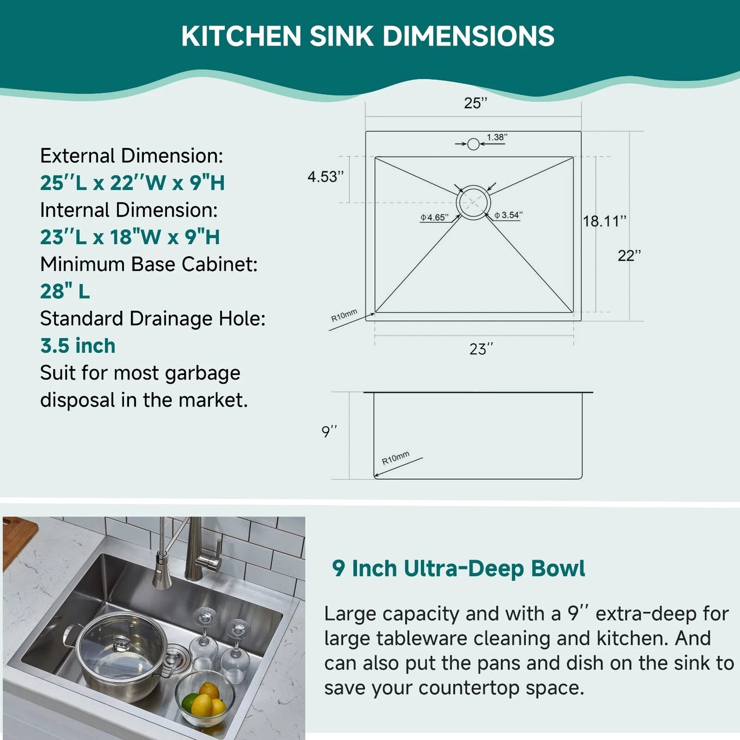 Drop-In Kitchen Sink, 25x22 Topmount Sink Deep Bowl Stainless Steel with One Hole (Handmade)