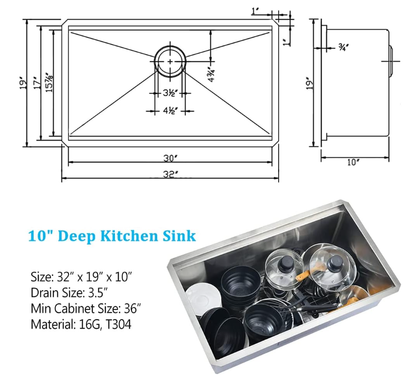 32-inch Undermount Workstation Kitchen Sink Single Bowl (Stainless)
