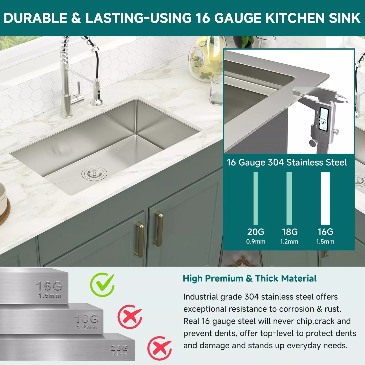 30” x 18” Undermount Kitchen Sink – Single Bowl, Premium Stainless Steel