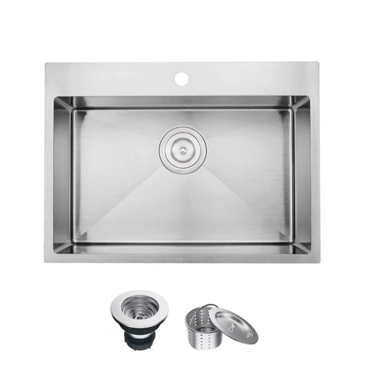 Drop-In Kitchen Sink, 25x22 Topmount Sink Deep Bowl Stainless Steel with One Hole (Handmade)